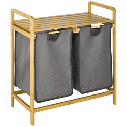 HOMCOM Koš na prádlo dvojitý, bambus a polyester, 63,5 x 33 x 73 cm