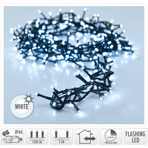 Venkovní světelný řetěz, 15 m, 750 LED, studená bílá, časovač, IP44