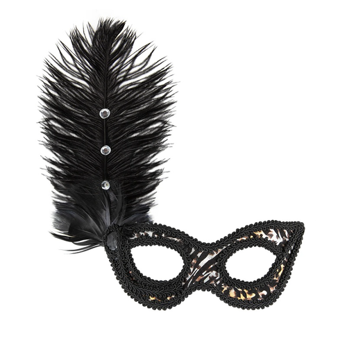 Maska karnevalová černá leopardí s peřím