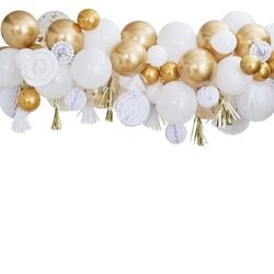 DEKORAČNÍ sada s balónky, rozetami, střapci a dekoračními koulemi zlatá