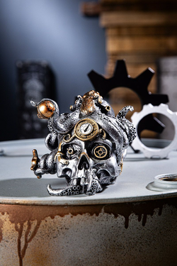 Dekorační lebka Steampunk Skull kovová, 15 cm