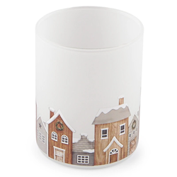 Svícen skleněný bílý s tmavými domečky