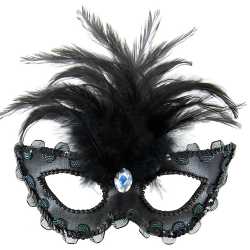 Škraboška černá s peřím a diamantem